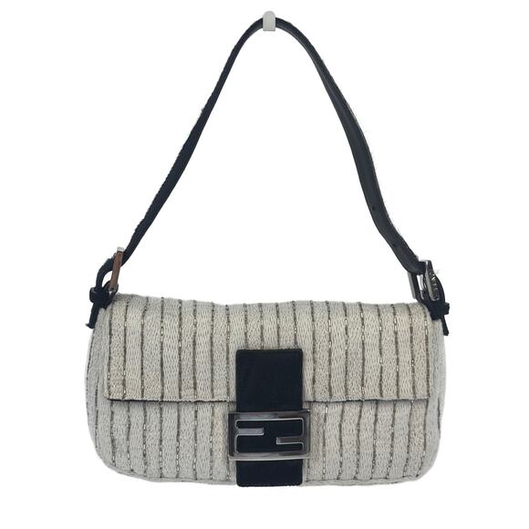 Fendi Vintage White Knit Silver Beaded Striped Baguette w Black Pony Hair Trim - Picture 1 of 8